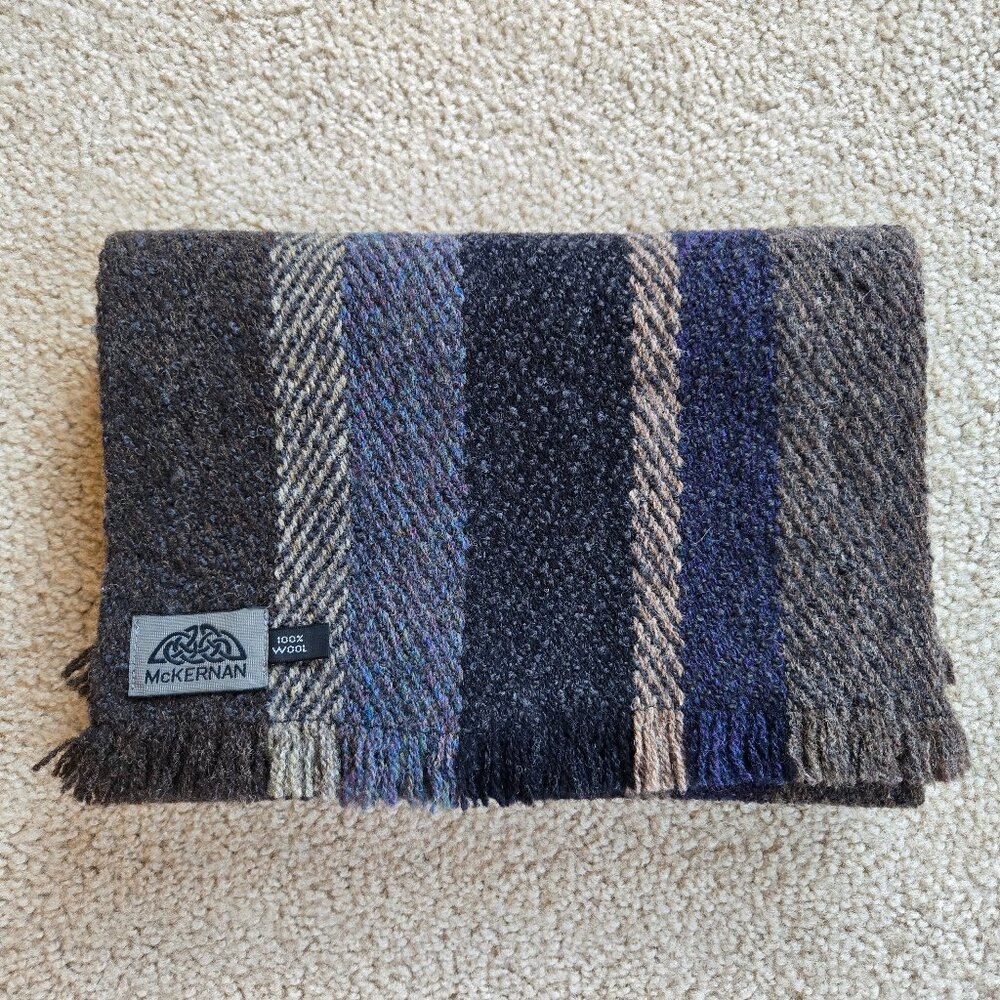 NWOT McKernan Wool Striped Scarf Blue Grey Black Ireland - Picture 2 of 7